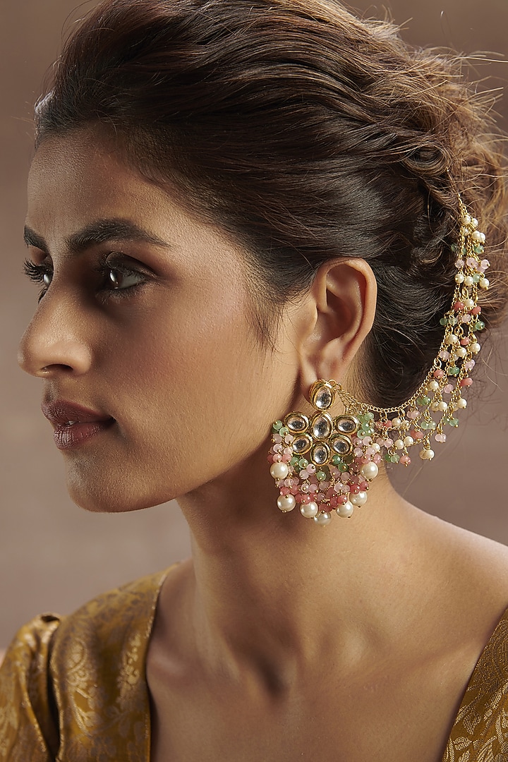Gold Finish Natural Stone & Pearl Dangler Earrings In Sterling Silver by Paisley Pop at Pernia's Pop Up Shop
