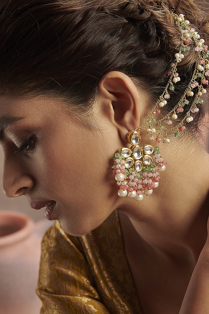 Gold Finish Natural Stone & Pearl Dangler Earrings In Sterling Silver by Paisley Pop at Pernia's Pop Up Shop