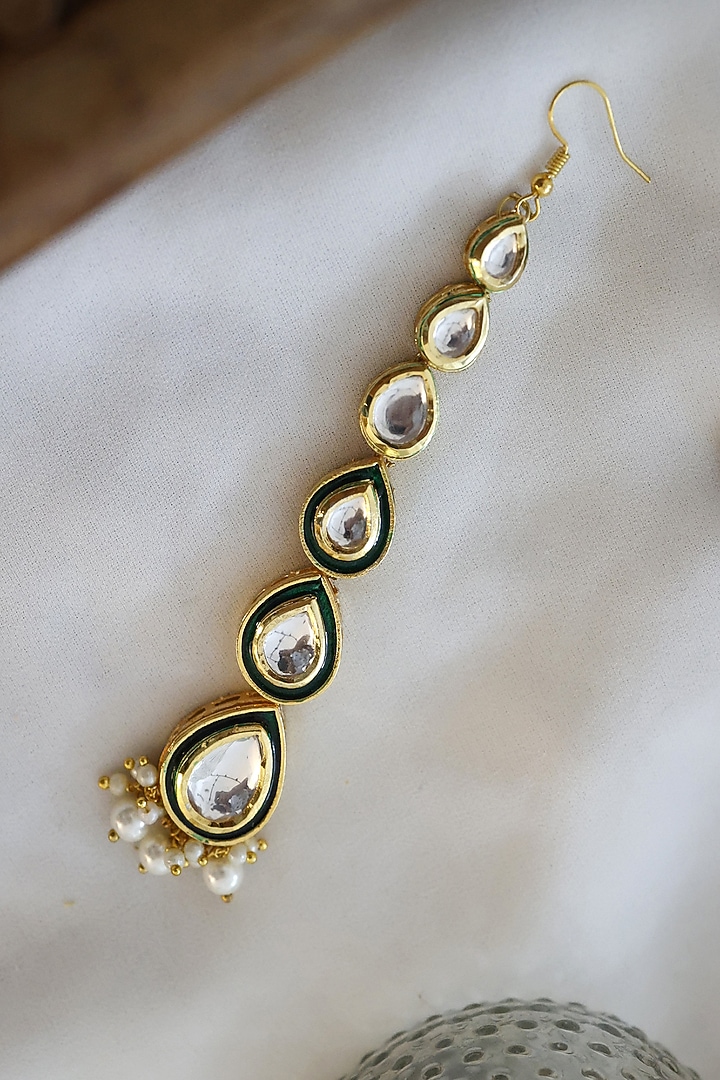 Gold Finish Kundan Polki & Pearl Meenakari Maang Tikka In Sterling Silver by Paisley Pop at Pernia's Pop Up Shop