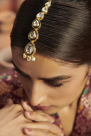 Gold Finish Kundan Polki & Pearl Meenakari Maang Tikka In Sterling Silver by Paisley Pop