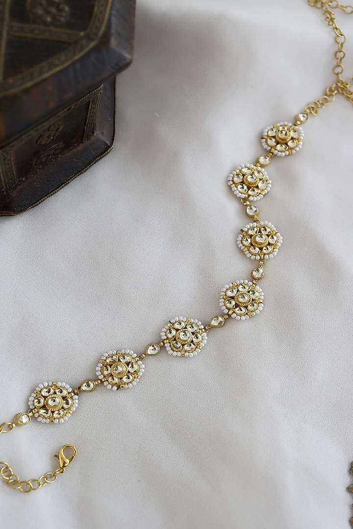 Gold Finish Kundan Polki & Pearl Floral Mathapatti In Sterling Silver by Paisley Pop at Pernia's Pop Up Shop