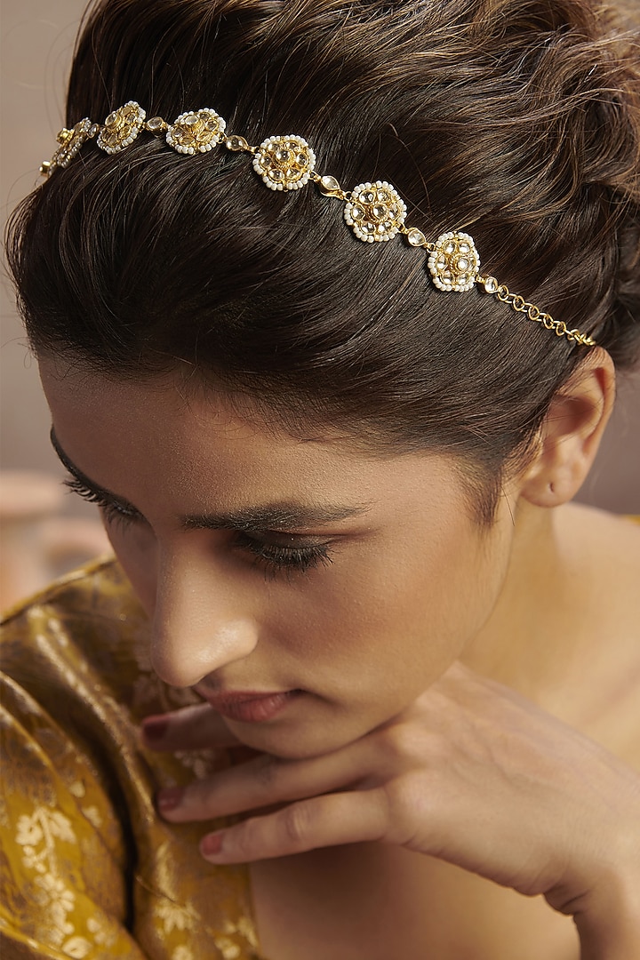 Gold Finish Kundan Polki & Pearl Floral Mathapatti In Sterling Silver by Paisley Pop at Pernia's Pop Up Shop