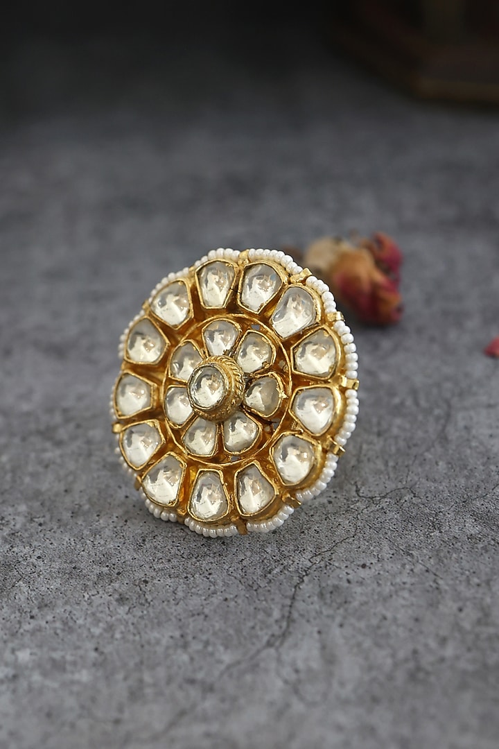 Gold Finish Kundan Polki Floral Ring In Sterling Silver by Paisley Pop at Pernia's Pop Up Shop
