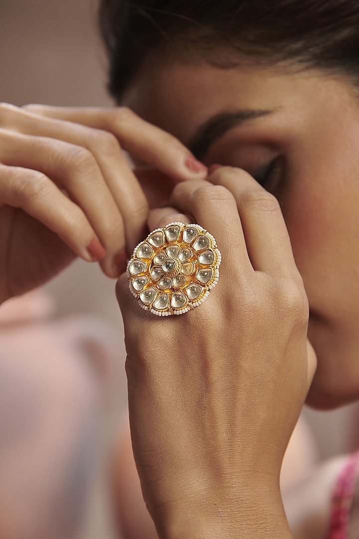 Gold Finish Kundan Polki Floral Ring In Sterling Silver by Paisley Pop