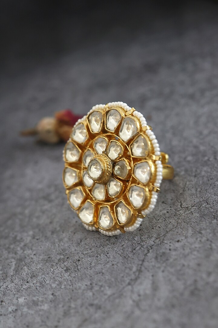 Gold Finish Kundan Polki Floral Ring In Sterling Silver by Paisley Pop at Pernia's Pop Up Shop
