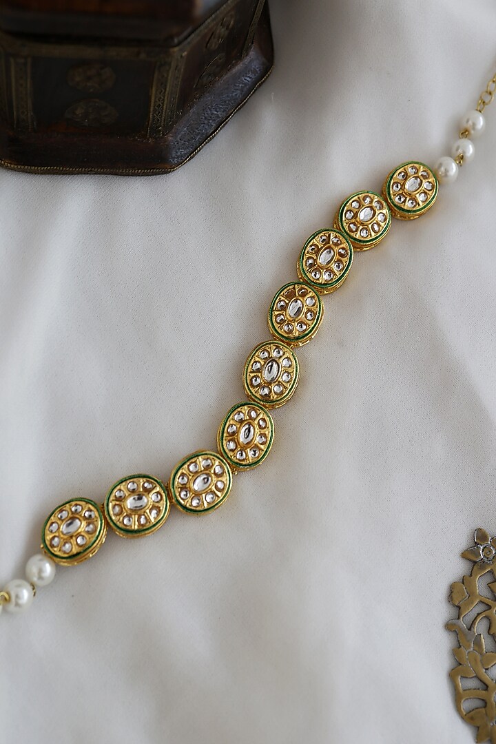 Gold Finish Kundan Polki Mathapatti In Sterling Silver by Paisley Pop at Pernia's Pop Up Shop
