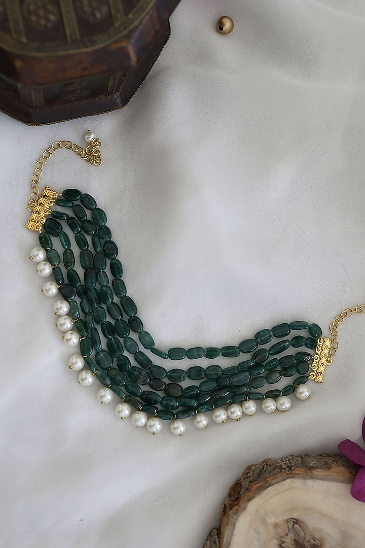 Gold Finish Jade Green Stone Choker Necklace by Paisley Pop at Pernia's Pop Up Shop
