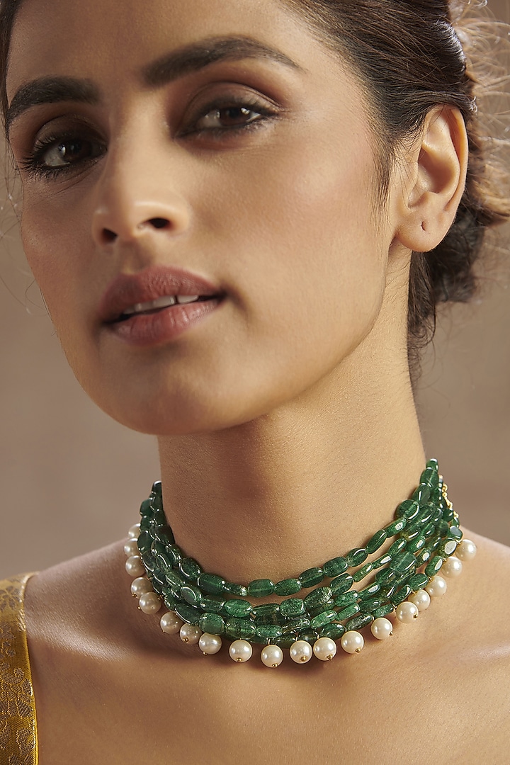 Gold Finish Jade Green Stone Choker Necklace by Paisley Pop at Pernia's Pop Up Shop