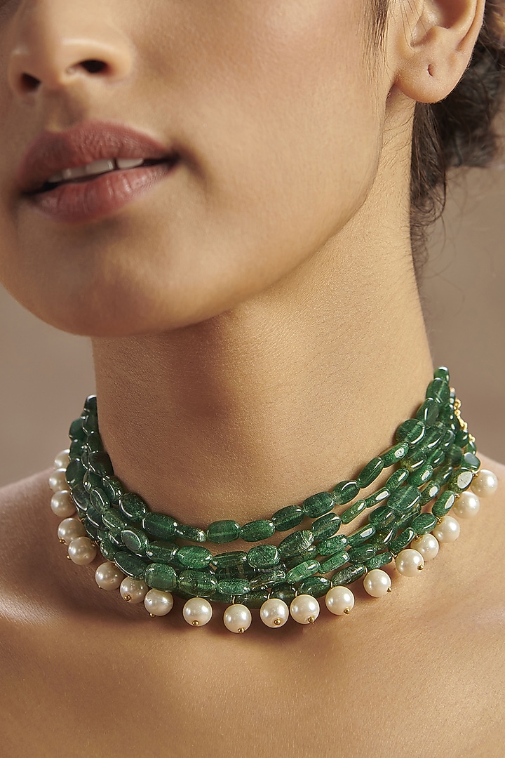Gold Finish Jade Green Stone Choker Necklace by Paisley Pop at Pernia's Pop Up Shop