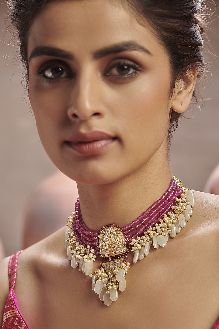 Gold Finish Pink Stone Choker Necklace by Paisley Pop at Pernia's Pop Up Shop