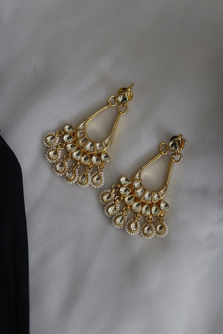 Gold Finish Kundan Polki & Pearl Earrings by Paisley Pop at Pernia's Pop Up Shop