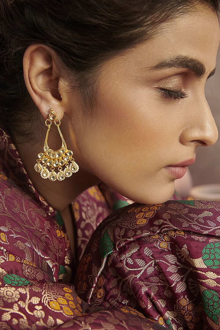 Gold Finish Kundan Polki & Pearl Earrings by Paisley Pop at Pernia's Pop Up Shop