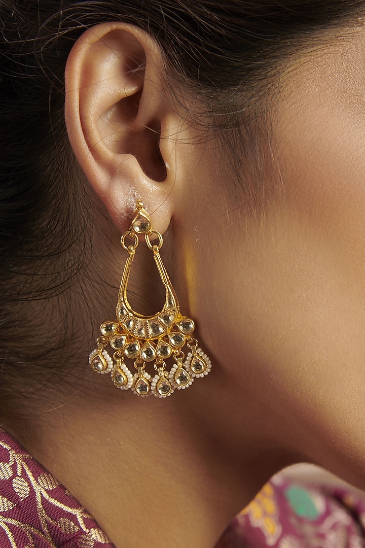 Gold Finish Kundan Polki & Pearl Earrings by Paisley Pop at Pernia's Pop Up Shop