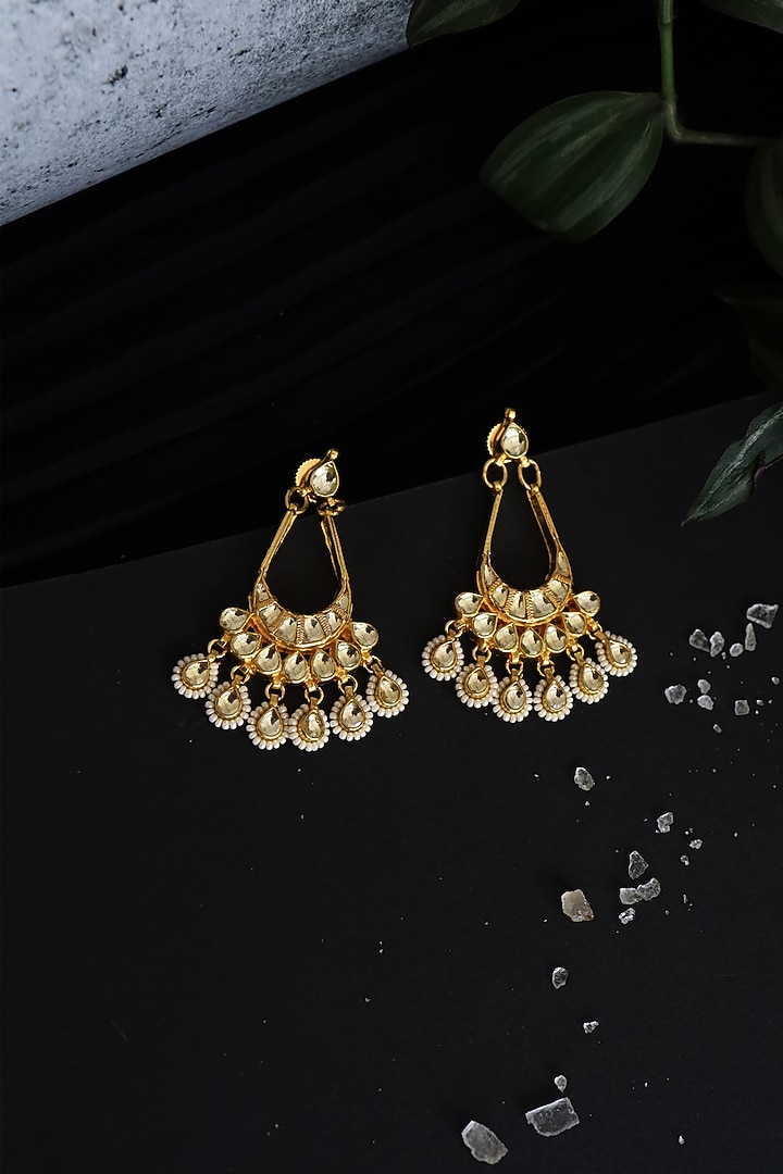 Gold Finish Kundan Polki & Pearl Earrings by Paisley Pop at Pernia's Pop Up Shop
