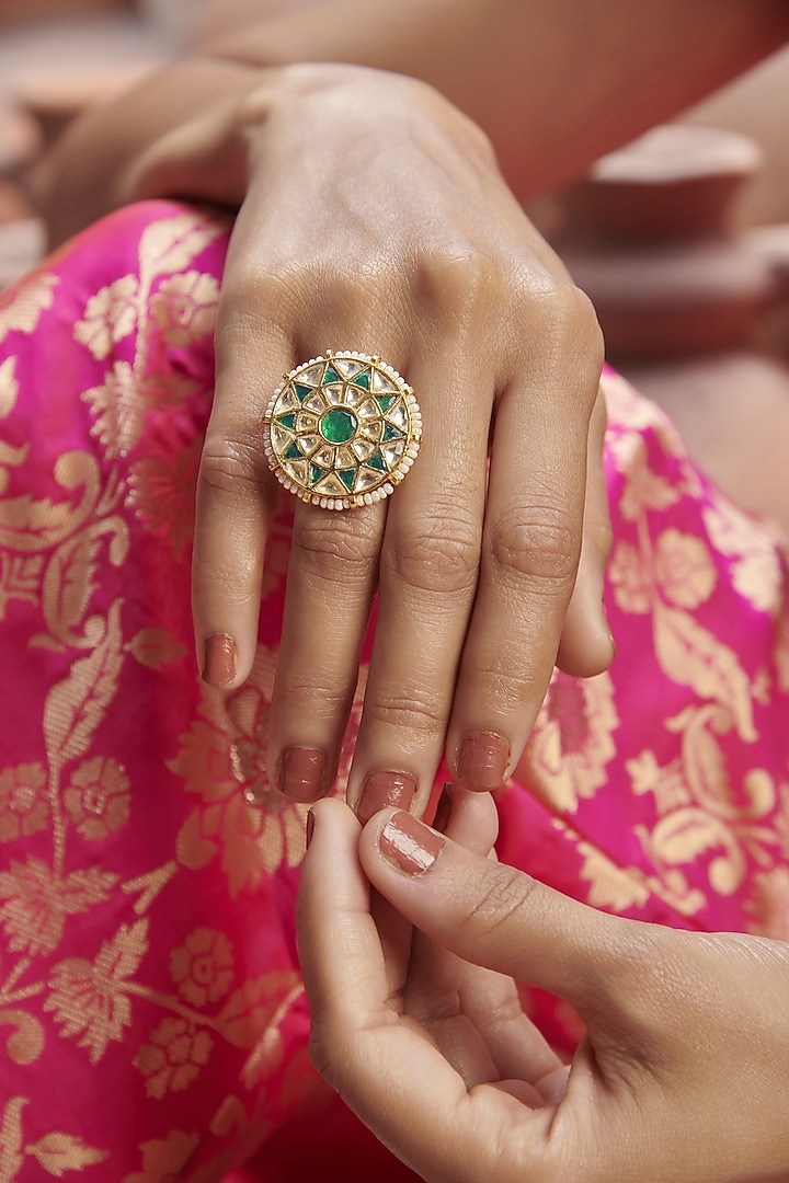 Gold Finish Kundan Polki Adjustable Ring by Paisley Pop at Pernia's Pop Up Shop