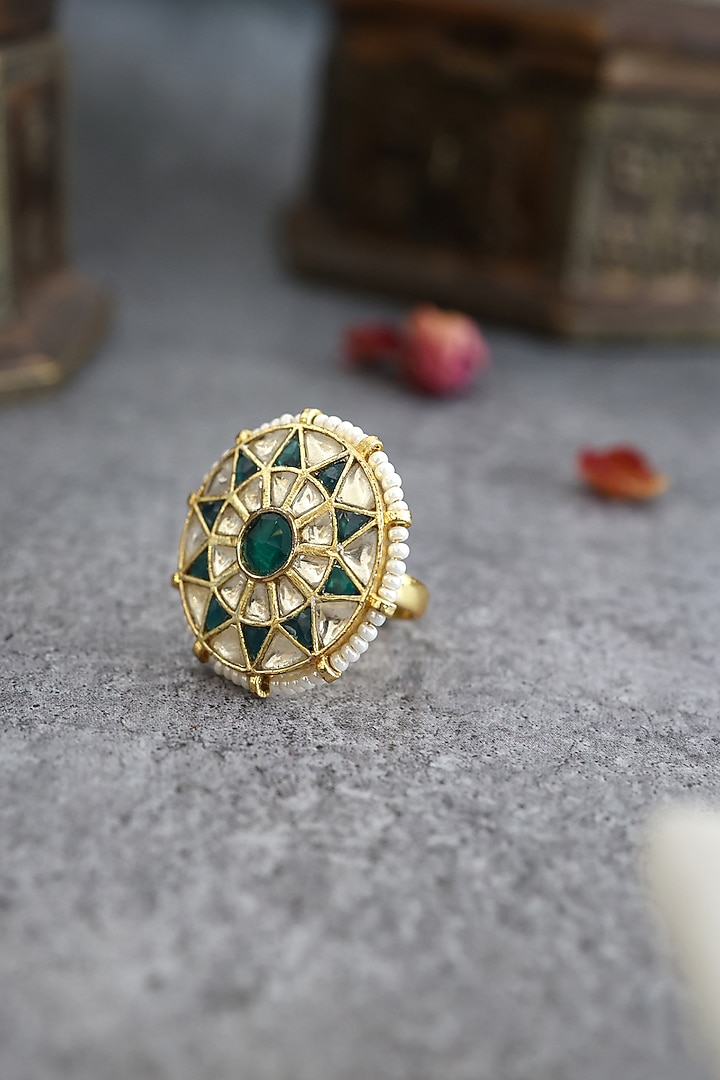 Gold Finish Kundan Polki Adjustable Ring by Paisley Pop at Pernia's Pop Up Shop