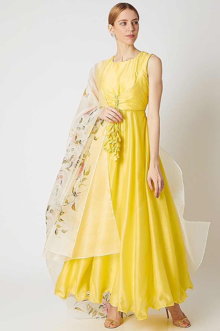 Lime Yellow Anarkali With Floral Dupatta by Priti Sahni