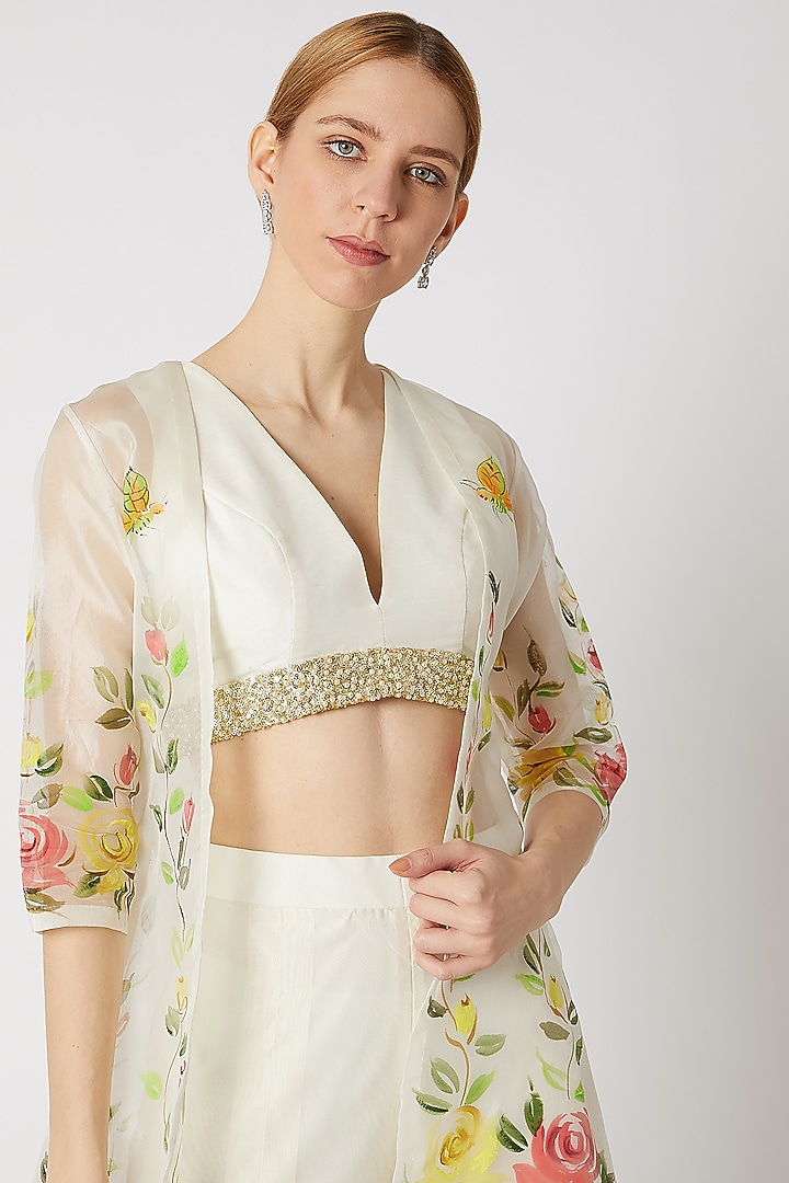 Ivory Hand Painted Jacket Set by Priti Sahni at Pernia's Pop Up Shop