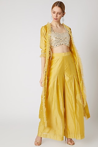 Mustard Mirror Embroidered Jacket Set by Priti Sahni