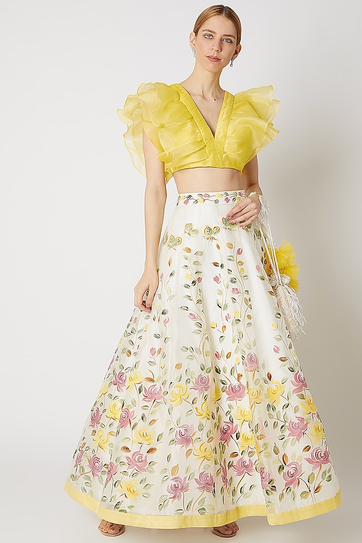 Ivory Floral Painted Lehenga With Blouse by Priti Sahni