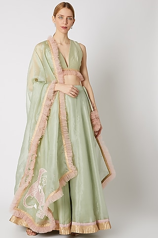 Apple Green Embroidered Lehenga Set With Ruffles by Priti Sahni