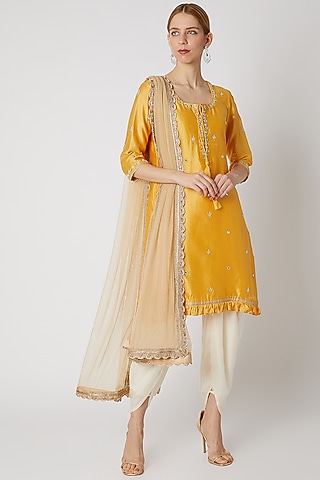 Rust Orange & Ivory Embroidered Dhoti Set by Priti Sahni