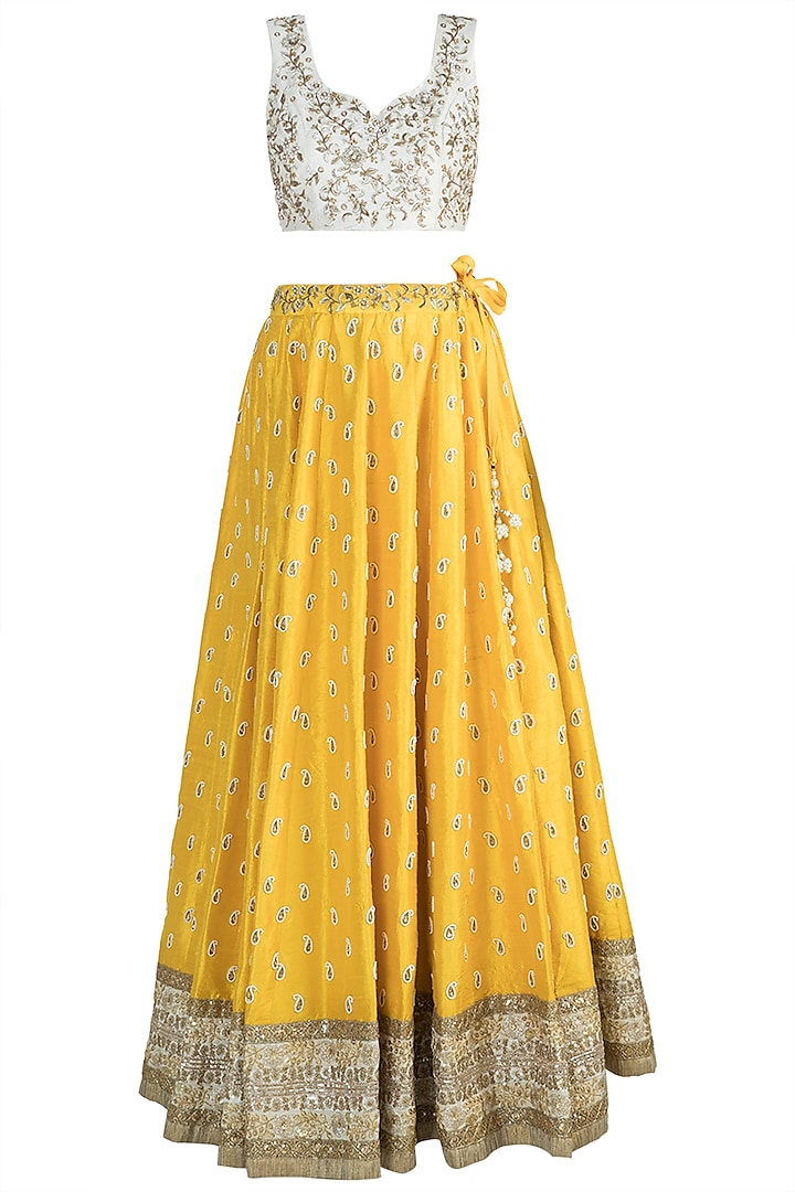Yellow & Ivory Embroidered Lehenga Set by Priti Sahni