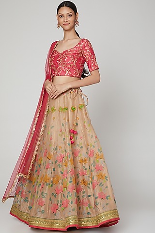 Beige & Pink Embroidered Lehenga Set by Priti Sahni