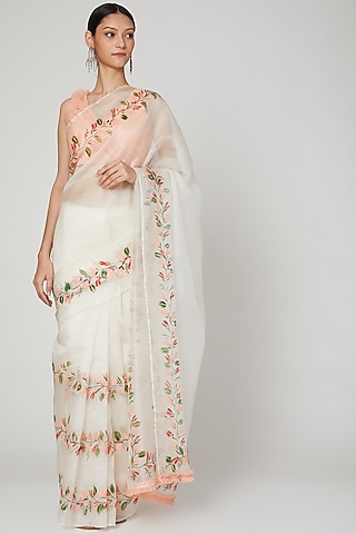 Ivory & Peach Ruffled Saree Set by Priti Sahni