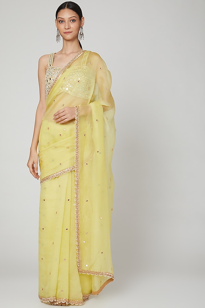 Lime Yellow Embroidered Saree Set by Priti Sahni