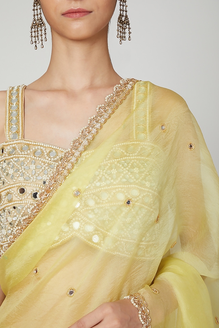 Lime Yellow Embroidered Wedding Saree Set by Priti Sahni at Pernia's Pop Up Shop