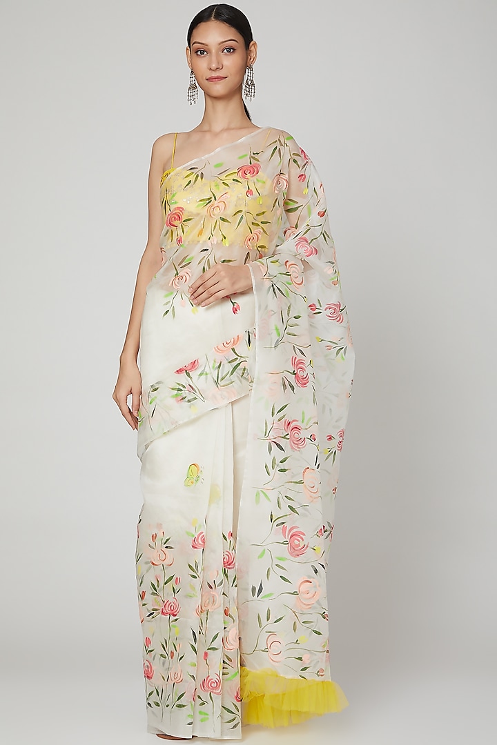 Ivory & Yellow Ruffled Saree Set by Priti Sahni at Pernia's Pop Up Shop