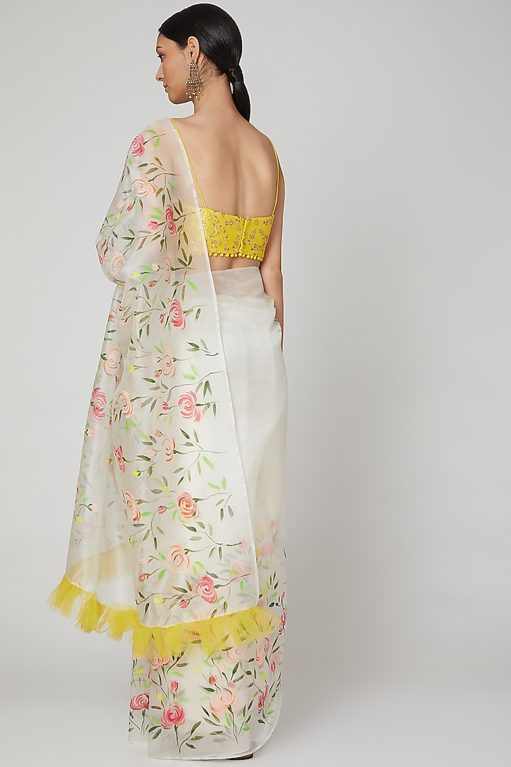Ivory & Yellow Ruffled Party Wear Saree Set by Priti Sahni at Pernia's Pop Up Shop