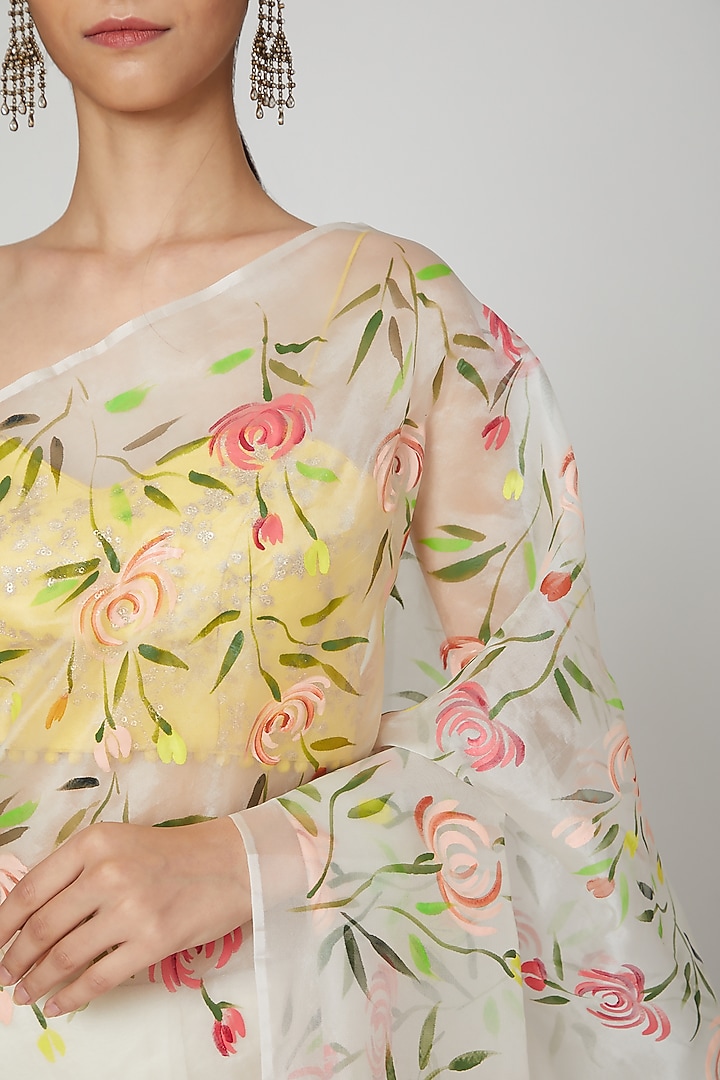Ivory & Yellow Ruffled Party Wear Saree Set by Priti Sahni at Pernia's Pop Up Shop