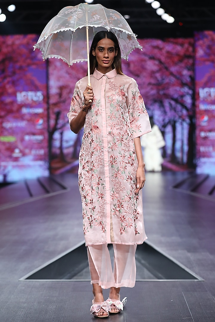 Pink Embroidered Jacket With Pants by Pinnacle By Shruti Sancheti