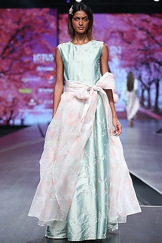 Mint Green Embroidered Maxi Dress With Wrap Skirt by Pinnacle By Shruti Sancheti