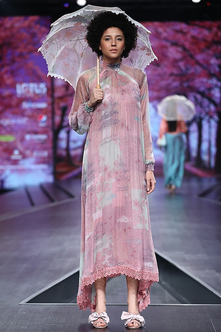 Pink Printed Chiffon Dress by Pinnacle By Shruti Sancheti