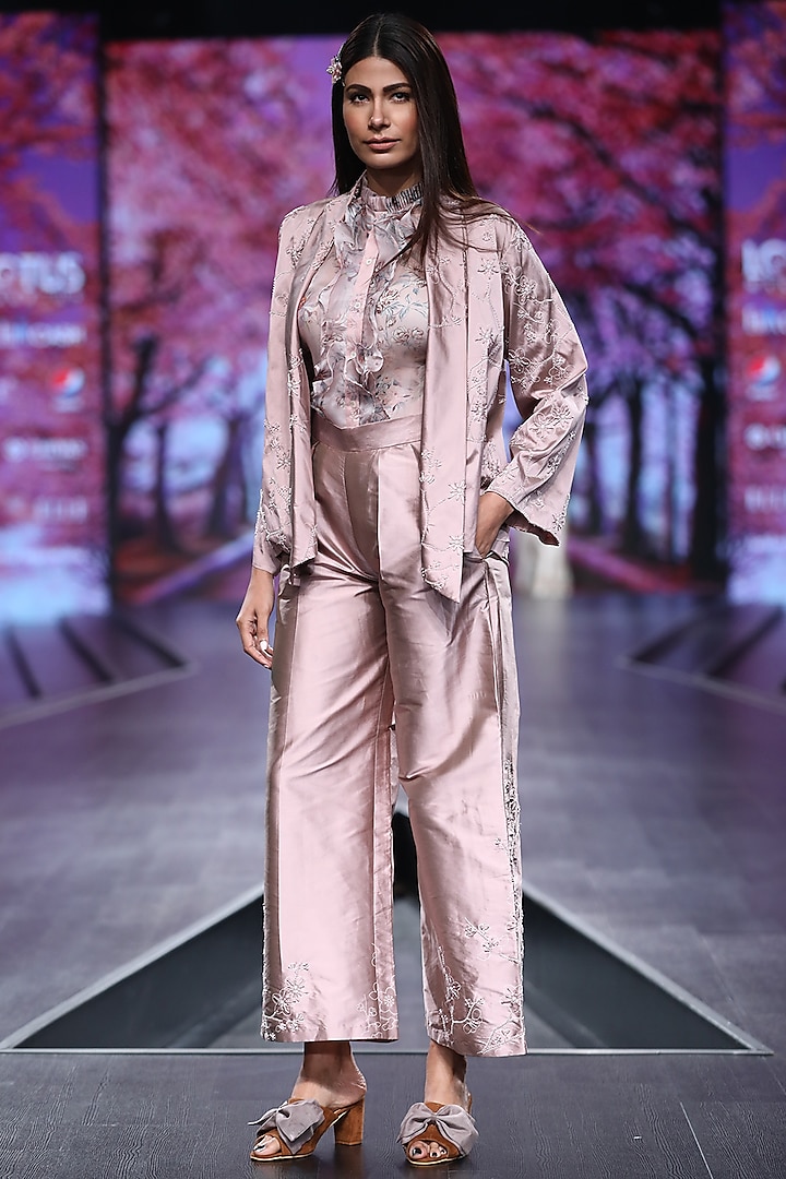 Pink Embroidered & Printed Jacket Set With Belt by Pinnacle By Shruti Sancheti