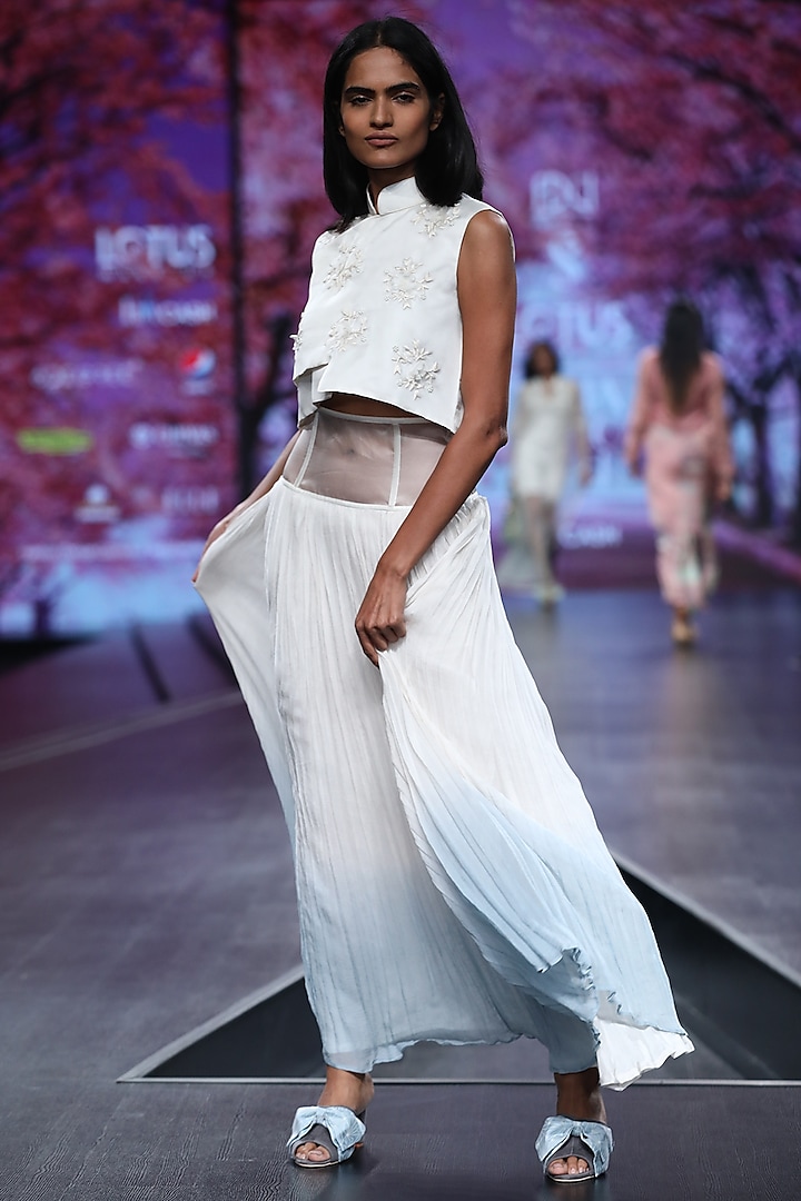 Bone White & Jade Blue Embroidered Skirt With Crop Top by Pinnacle By Shruti Sancheti