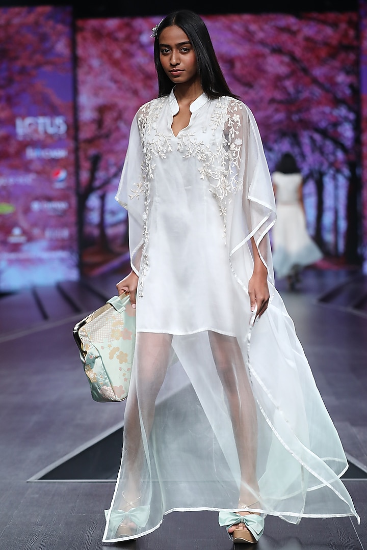 White & Mint Ombre Embroidered Kaftan Dress by Pinnacle By Shruti Sancheti