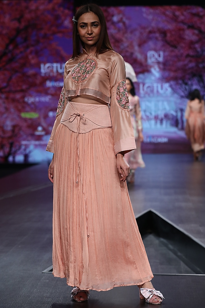 Peach Embroidered Crop Top With Skirt by Pinnacle By Shruti Sancheti