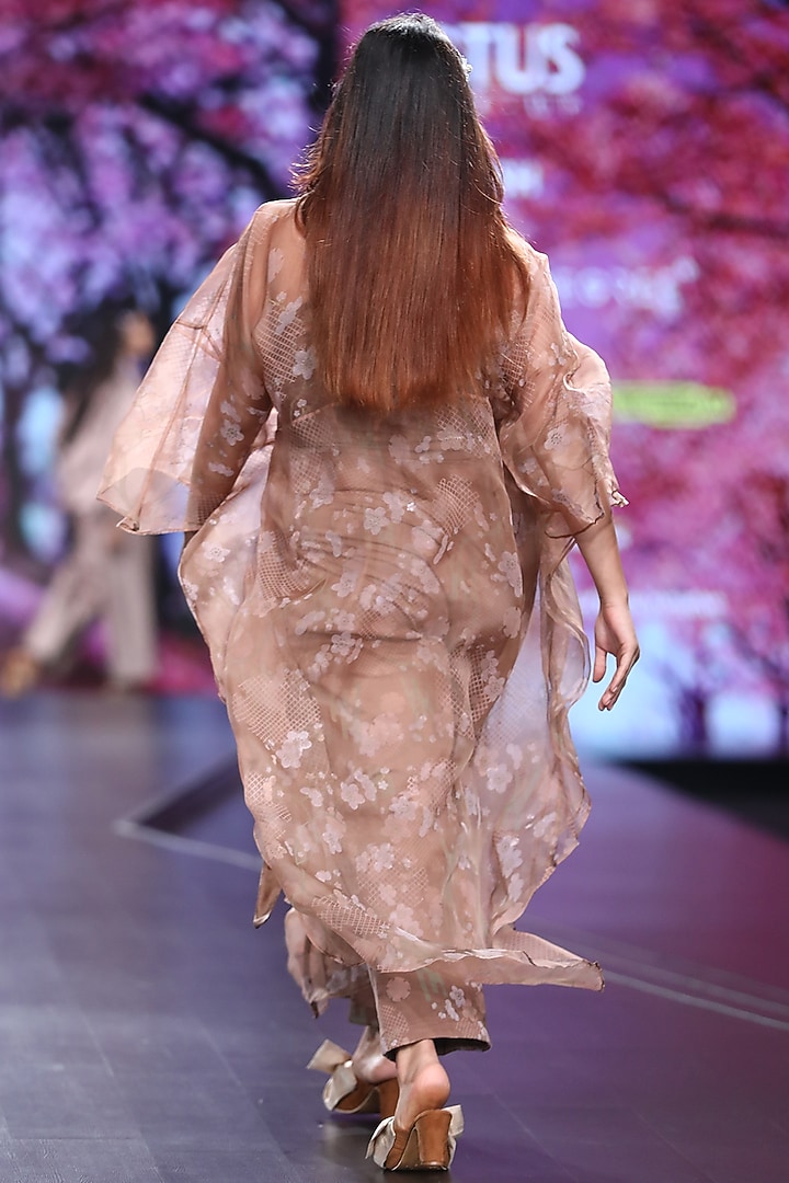 Brown Printed Jumpsuit With Printed Kimono Jacket by Pinnacle By Shruti Sancheti at Pernia's Pop Up Shop