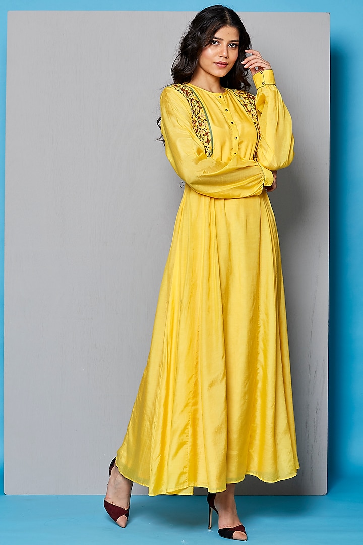Yellow Embroidered Maxi Dress by Pinnacle By Shruti Sancheti