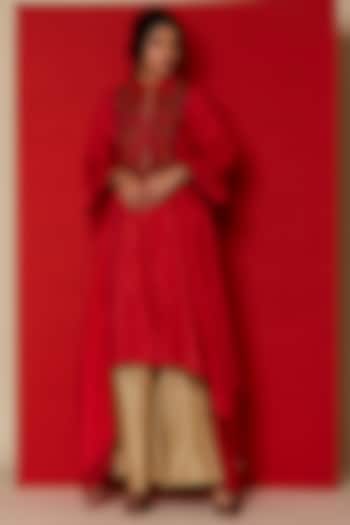 Red Embroidered Asymmetric Maxi Dress by Pinnacle By Shruti Sancheti