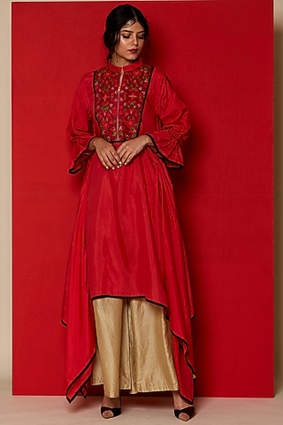 Red Embroidered Asymmetric Maxi Dress by Pinnacle By Shruti Sancheti