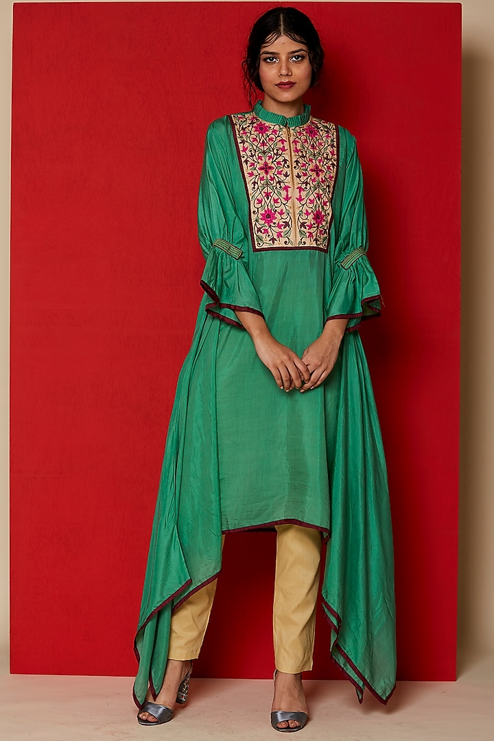 Green Embroidered Asymmetric Maxi Dress by Pinnacle By Shruti Sancheti