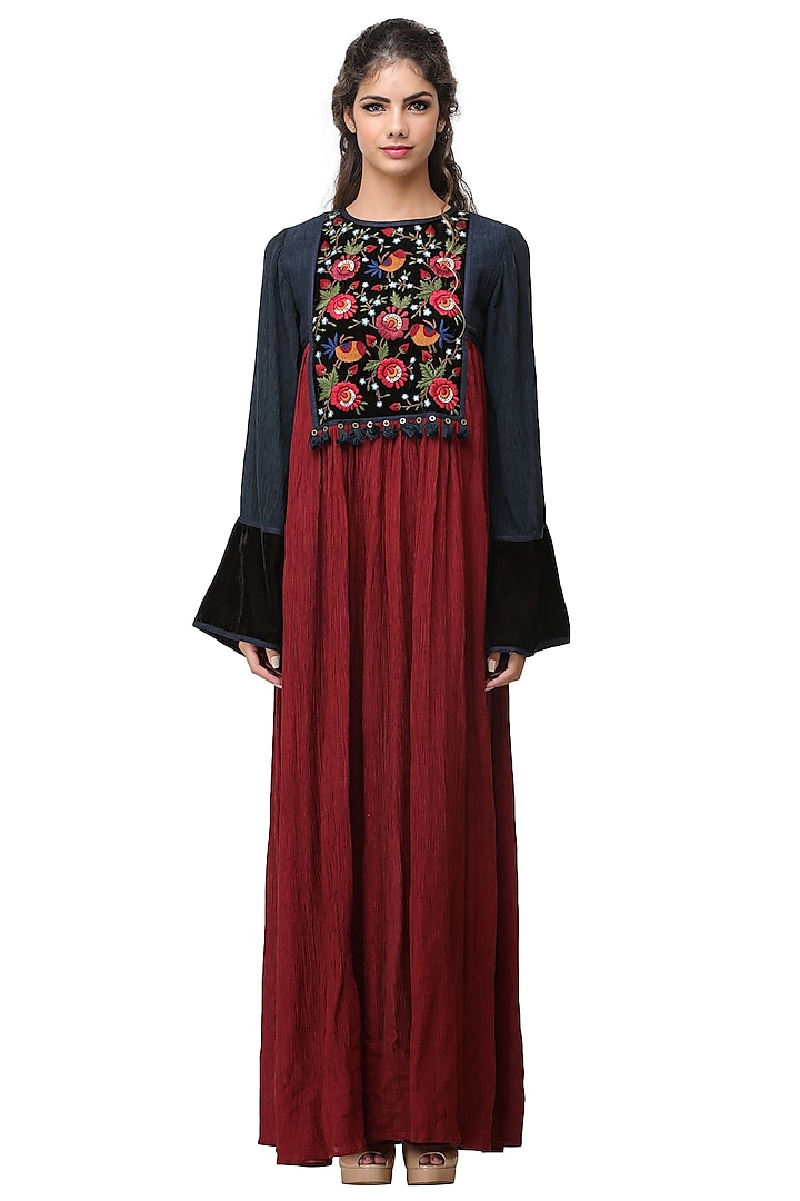 Red & Blue Embroidered Maxi Dress by Pinnacle By Shruti Sancheti
