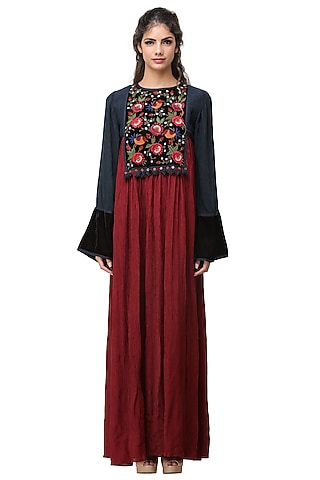Red & Blue Embroidered Maxi Dress by Pinnacle By Shruti Sancheti