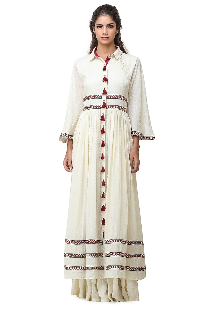 Cream Embroidered Maxi Summer Shirt Dress by Pinnacle By Shruti Sancheti at Pernia's Pop Up Shop