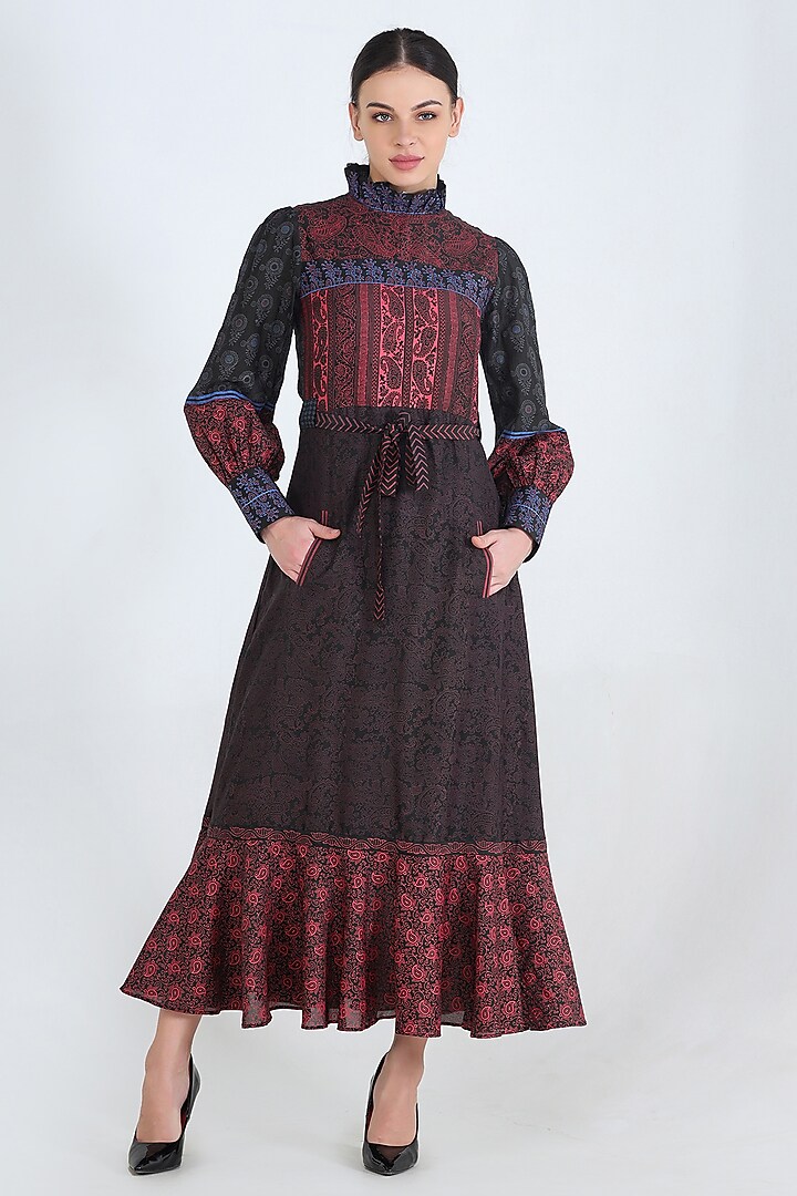 Black Printed Summer Dress With Belt by Pinnacle By Shruti Sancheti at Pernia's Pop Up Shop